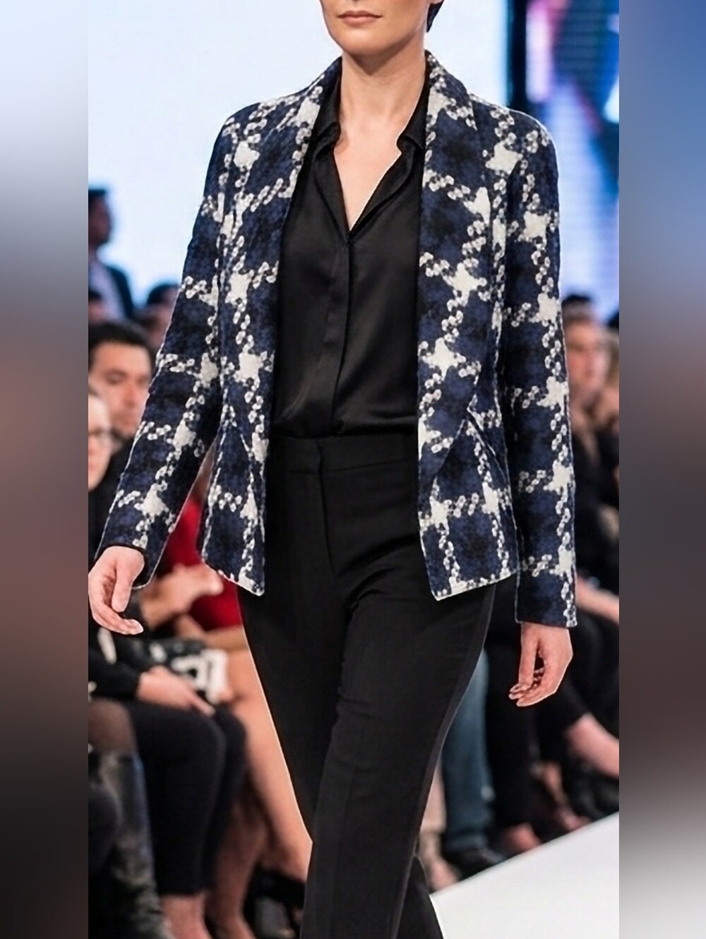 Zero + Maria Cornejo 100% Virgin Wool Navy/White Open Front Houndstooth Blazer 2